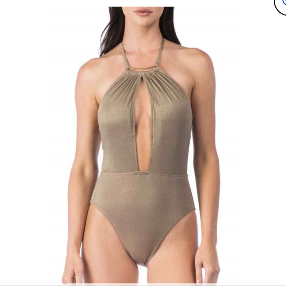 Kenneth Cole Tan Metallic Tummy Toner Swimsuit